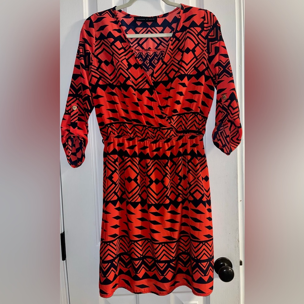 Peaches N Cream Red Multi Pattern Womens M Dress faux wrap button sleeve boho